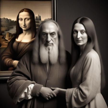 Rare picture of Leonard da Vinci, together with his model, La Joconde, captured in Firenze, in 1504. sepia tones