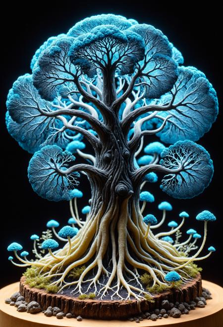 Psychedelic sculpture merging a mycorrhizal fungus with a cosmic entity, featuring a phosphorescent, mycelium-like structure and an aura of dark matter, captured in a vacuum using electron microscopy and gamma-ray spectroscopy.
<lora:grainy-v1:0.7>