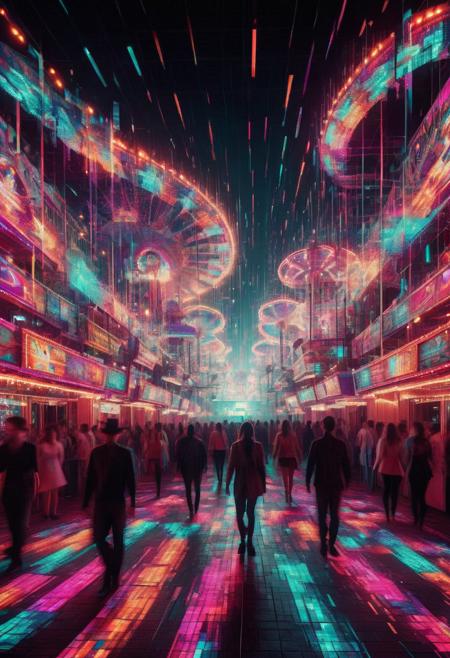 A surreal carnival in a digital void, where pixelated rides glitch and flicker into abstract shapes, holographic performers dissolve into swirling neon lights, and the entire atmosphere vibrates with chaotic digital energy, surreal and mesmerizing  <lora:Glitch Style:0.5>