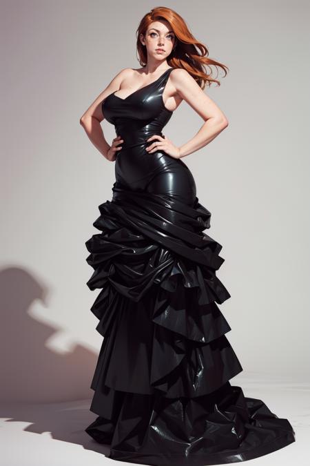 t4shqu33n, bare shoulders, standing, full body, black dress, trash bag dress, <lora:t4shqu33n:0.75> <lora:age_slider_v20:1.2> <lora:detail_slider_v4:1> <lora:Fr3ckles:0.7> Fr3ckles, freckles, ginger hair, large breasts, long hair,  white background, grey eyes, <lora:weight_slider_v2:0.75> solo