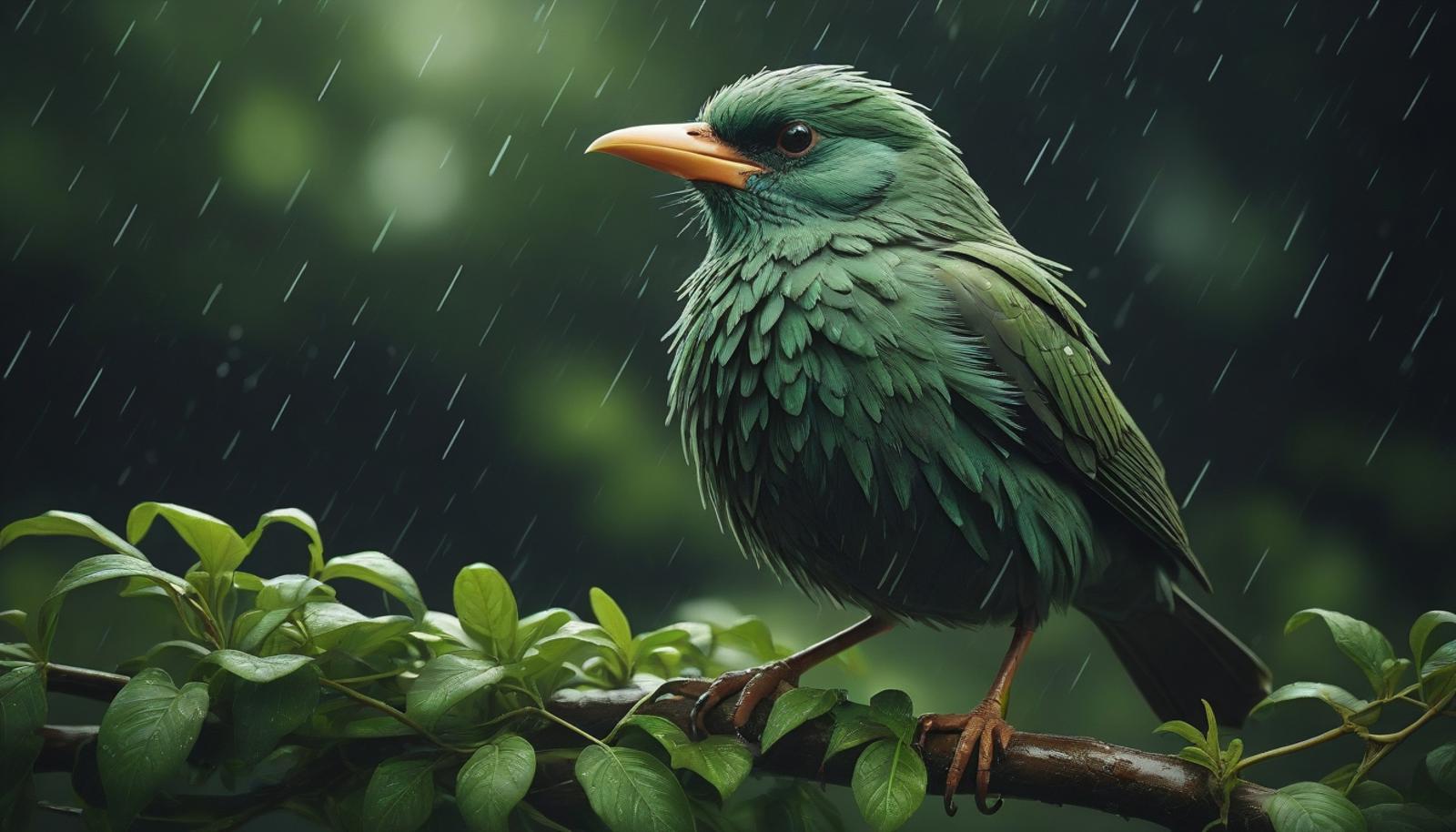 Green Bird Perched on Branch in Rain