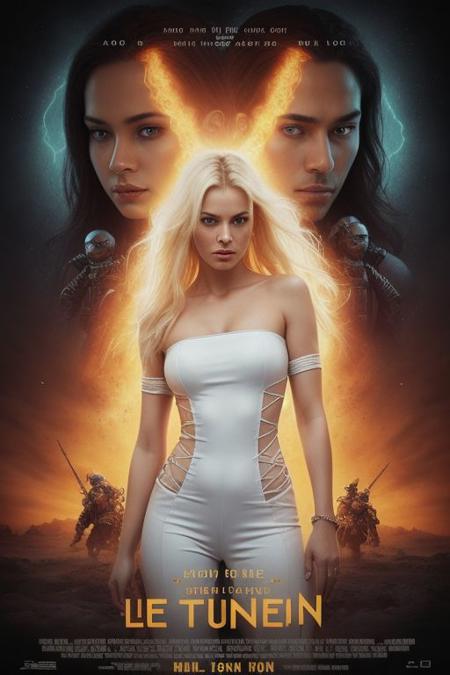 movieposter, Fifth Element,  bare shoulder portrait of a stunning woman, a beauty skincare model, with flawless, glowing, and healthy skin. She gazes directly at the viewer with captivating eyes. Cinematic lighting with soft highlights and dramatic shadows. Masterpiece quality, detailed skin texture with perfections,
 Title, Movie Title, copyright name, layout design, font design, copyright name, movie poster, big title, design layout, white jumpsuit, sci-fi romance