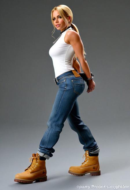 Ultra realistic full body, a athletic ponytailed blonde female like trish stratus circa 2000, tits, jeans, and heavy Timberland boots, HBB, From Side, at alley, wet, dog collar, HBB, beauty and glamour style, dynamic lighting, (soft shadows), (soft focus), (photo realistic), uhd, 8k, hbb