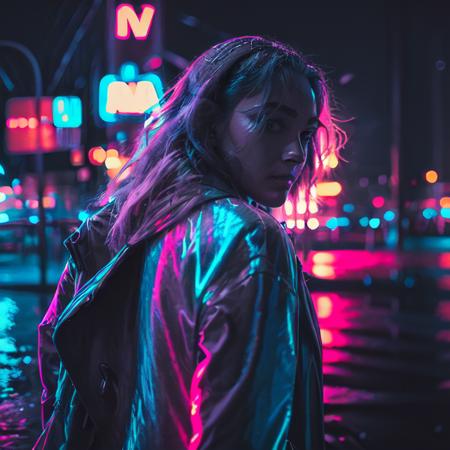 DSLR photo, a woman walking across a street at night  wearing a coat and looking over her shoulder with flowing hair, (raining:1.3), (neon signs:1.3), <lora:NeonNoir-000002:0.65>, NeonNoir, (backlit:1.1), hard shadow, masterpiece, best quality, Intricate, High Detail, 8k, modelshoot style, film grain, <lora:theovercomer8sContrastFix_sd15:0.3>