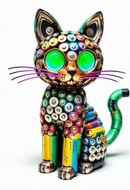 (masterpiece:2.0), best quality, ink sketch style, high detailed, watercolor, glitch, flickering, digital, glitch style, B4TT3R13S, cat made of batteries, flower,