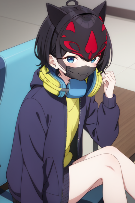 saegusayuu, smile, portrait, tomboy, headphones, sitting, mask, jacket, headphones around neck, blush, long sleeves