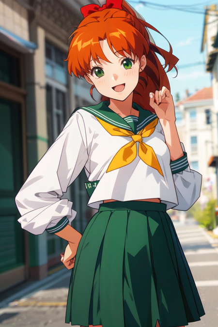 mana, green_eyes, orange_hair, long_hair, high_ponytail, hair_ribbon, red_ribbon,