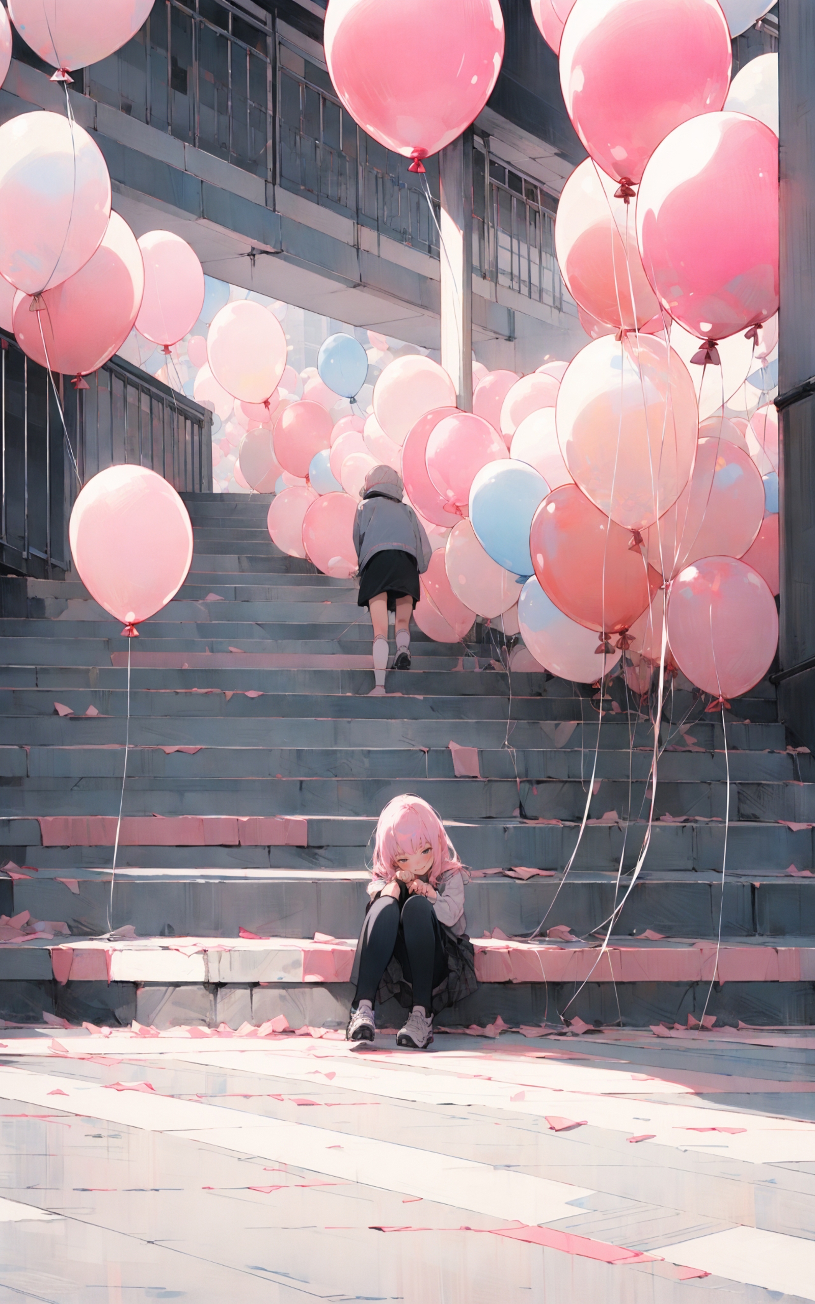 A little girl sitting on the stairs surrounded by balloons.