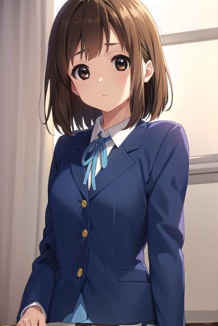 yuihirasawa, <lora:yui hirasawa s2-lora-nochekaiser:1>,
yui hirasawa, short hair, brown hair, hair ornament, (brown eyes:1.5), hairclip,
BREAK sakuragaoka high school uniform, school uniform, uniform, blazer, shirt, white shirt, collared shirt, skirt, pleated skirt,
BREAK indoors, classroom,
BREAK looking at viewer, (cowboy shot:1.5),
BREAK <lyco:GoodHands-beta2:1>, (masterpiece:1.2), best quality, high resolution, unity 8k wallpaper, (illustration:0.8), (beautiful detailed eyes:1.6), extremely detailed face, perfect lighting, extremely detailed CG, (perfect hands, perfect anatomy),