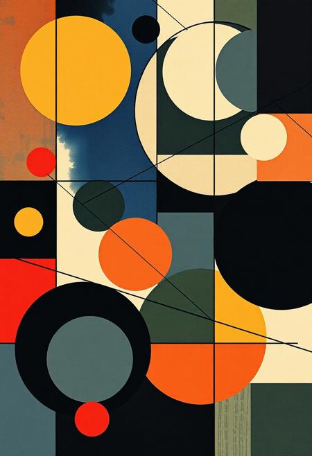 An abstract composition inspired by the style of Wassily Kandinsky, featuring dynamic geometric shapes, bold lines, and vibrant colors. The image should include circles, triangles, and rectangles, interplaying with each other in a harmonious yet energetic arrangement. The forms should be non-representational, with a sense of movement and fluidity. Use contrasting colors to create depth and tension, and emphasize the use of lines and curves to lead the viewer’s eye through the composition. The overall mood should evoke a sense of rhythm and visual harmony, with the complexity of the shapes balanced by a sense of simplicity in the design.