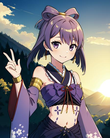 masterpiece, high quality, 1girl, mgrcaikahimena, (dynamic shot), medium shot, upper body, purple hair, purple eyes, bow-shaped hair, floral print, red and yellow bowtie, yellow hairpin, purple crop top, long detached sleeves, golden rings on shoulders, purple with white frilled skirt, purple gem on belt, light smile, outdoors, mountain, evening, sunglare, sky, <lora:mgrcaikahimena-000006:0.75>