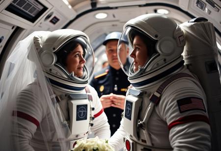 Astro-Brides, The first wedding in space, two women get married in spacesuits, a non-religious space commander officiates the wedding the two women have wedding veils on the outside of their spacesuits,