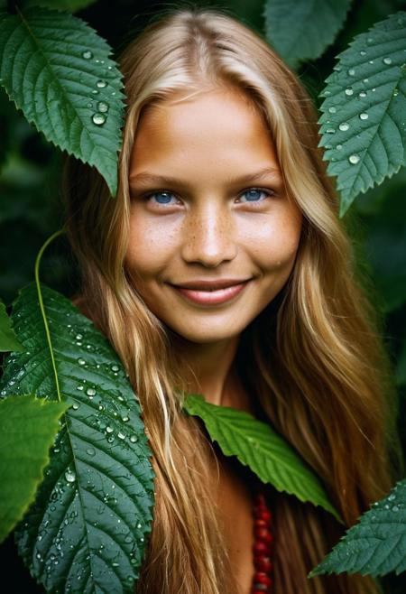 Masterpiece photo,extremely detailed, amazing, Through the dense tangle of dark green leaves, a single dark blue eye, smile [((blonde fashion model sasha luss)):0.35],(elsa-frzn:1.0),best quality, photorealistic,(( <lora:NativeAmericanGirlLoRA:0.75> 1girl, long red hair, native american, dark skin)), peers out from the shadows, intense and watchful. The surrounding foliage frames the eye perfectly, with droplets of dew catching the light and adding a sense of mystery to the scene. The pupil contracts slightly, hinting at something lurking behind the leaves, observing in silence. The thick, layered leaves obscure the face, but the sharp focus on the eye adds tension to the moment, as if it's waiting for something—or someone, realism, realsitic, ((soft light, 8k, high resolution)), dark atmosphere