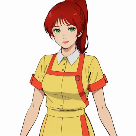 masterpiece,high quality,white background,solo,
<lora:cecilia002:0.7>,smile, 
cecilia,1woman,
long hair,high ponytail,red hairbangs,makeup,green eyes,lipstick,
waitress,yellow uniform,collared dress,buttons,short sleeves,layered sleeves,apron,frill,