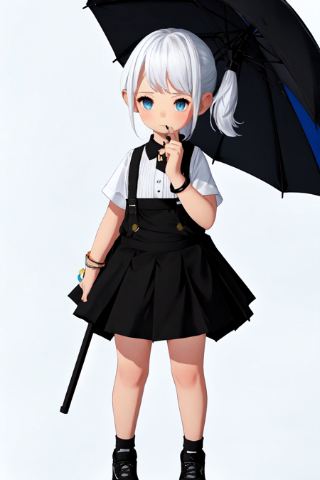 <lora:LalaTater_LoRa:0.75> 1girl, LalaTater, bike shorts, bike shorts under skirt, black footwear, black nails, black skirt, blue eyes, bracelet, child, full body, holding, holding umbrella, jewelry, looking at viewer, nail polish, pleated skirt, ponytail, shirt, shoes, short hair, shorts, shorts under skirt, simple background, skirt, sneakers, standing, suspender skirt, suspenders, umbrella, white background, white hair, white shirt, chibi