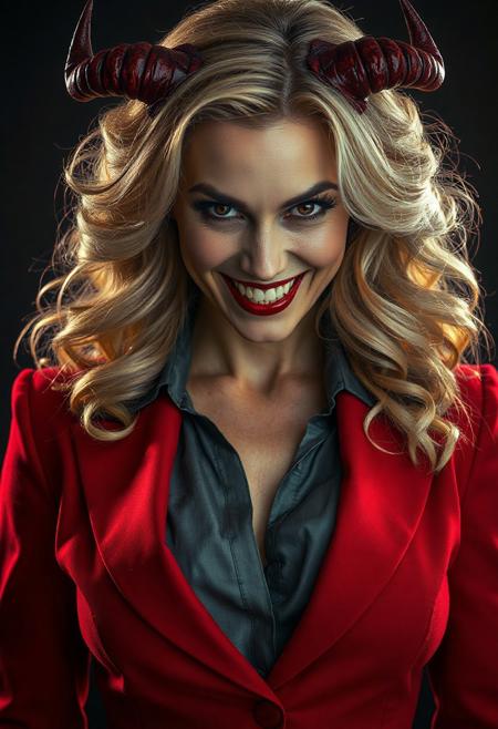 Portrait of a  40 year old beautiful female in a crimson red business suit, grey blouse with deep freckled cleavage, She has big blonde hair that is styled to slightly resemble a succubus’s horns They have a spray tan that is overdone.  Their pupils are black onyx colored and look slightly inhuman with a reddish tinge .  The background is also dark, emphasizing the formal attire and creating a dramatic, sophisticated mood. The overall tone is professional and serious. This person looks sinister despite being  pretty with a slight fill light from below.  They radiate menace and have an evil smile with an open mouth that shows overly bright teeth with elongated canines as if demonic , blood red lipstick that looks moist and wet