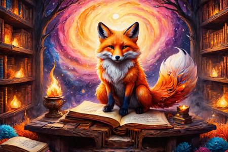 Gorgeous splash of vibrant paint oil painting with heavy impasto of a Kitsune with multiple magical fox tails at a Cosmic library housing forbidden knowledge,  <lora:Dreamyvibes artstyle SDXL - Trigger with dreamyvibes artstyle:0.7> Dreamyvibes Artstyle <lora:gorgoeus_splash_of_vibrant_paint:0.7>  <lora:ParchartXL-1.5:1> on parchment, ink illustration, <lora:ral-lava-sdxl:0.4> ral-lava