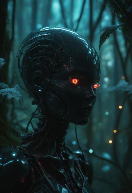 Ultrarealistic. sharp focus, dynamic lighting. play of light, reflection, refraction, Raytracing, Ultra detailed. Alien themed. Alien scenery. alien scenery background. alienworld. A gorgeous female robot in an alien forest. surrounded by ice.enchanting, cosmic, celestial, ethereal, vibrant flora, magical, luminous, serene, dreamy, radiant, bioluminescent, intricate details, surreal, enchanted forest