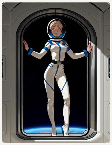 IllustriousQual, detailed face,
tall woman, solo, very short blonde hair, pixie cut, small breasts, long legs, mischievous smile,
wearing a spacesuit and helmet, 
on a space station, posing in an airlock, view of blue planet out of window,
<lora:incaseIllustrious:0.8> incase style,