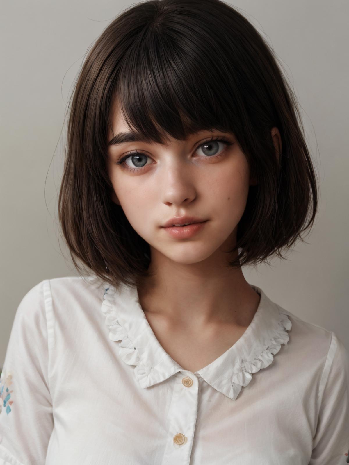 A pretty girl with brown hair and blue eyes wearing a white collared shirt.