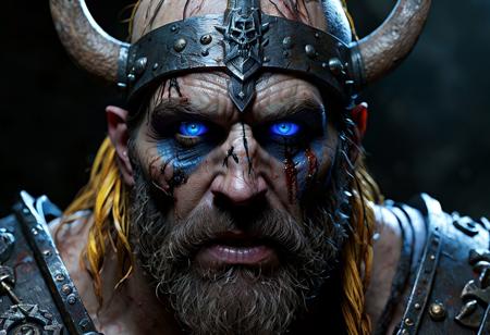 undead viking zombie with glowing blue eyes, photorealistic a masterpiece, 8k resolution, dark fantasy concept art, by Greg Rutkowski, dynamic lighting, hyperdetailed, intricately detailed, Splash screen art, trending on Artstation, deep color, Unreal Engine, volumetric lighting, Alphonse Mucha, Jordan Grimmer, purple and yellow complementary colours
