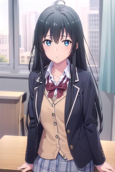 yukinoyukinoshita, <lora:yukino yukinoshita s2s3-lora-nochekaiser:1>, 
yukino yukinoshita, black hair, blue eyes, long hair, ahoge, (small breast:1.2),
BREAK blazer, cardigan, jacket, plaid, plaid skirt, school uniform, skirt, sobu high school uniform,
BREAK indoors, classroom,
BREAK looking at viewer, (cowboy shot:1.5),
BREAK <lyco:GoodHands-beta2:1>, (masterpiece:1.2), best quality, high resolution, unity 8k wallpaper, (illustration:0.8), (beautiful detailed eyes:1.6), extremely detailed face, perfect lighting, extremely detailed CG, (perfect hands, perfect anatomy),