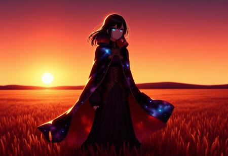 nyxcloaked, 1woman, walking through a field at sunset