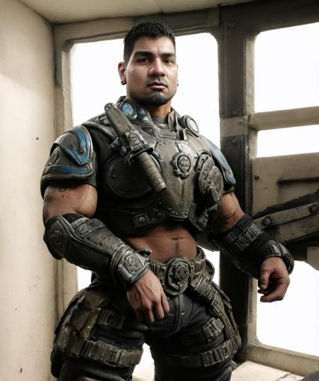 dominic_santiago, 1man, male focus, gears of war setting, warzone, armor, (holding bayonet knife:1.1), muscular, (mexican descent, latino, tanned) <lora:Dom_Santiago-14:0.85>