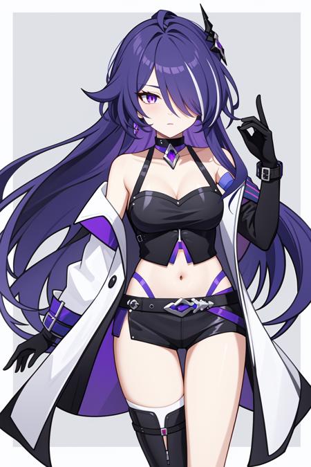 huangquan,long hair,purple hair,purple eyes,hair over one eye,navel,gloves,hair ornament,black gloves,bare shoulders,choker,trench coat,midriff,crop top,single thighhigh,