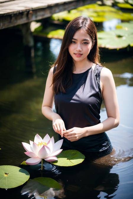 aoyem, (brown shirt), The woman's beauty can be enhanced by the reflection of the lotus flowers in the water. The vibrant colors of the lotus flowers can also add to the beauty of the scene, creating a harmonious blend of colors, RAW photo,(high detailed skin:1.2), 8k uhd, dslr, soft lighting, high quality, film grain, photorealistic, photo art, flower, a stunning photo with beautiful saturation, ultra high res,(realistic:1.4)),deep shadow,(best quality, masterpiece), pale skin, dimly lit, shade, flustered, blush, highly detailed, skinny, BREAK depth of field, film grain, wrinkled skin, looking at viewer, knee, warm smile, (upper body), masterpiece,ultra realistic,32k,extremely detailed CG unity 8k wallpaper, best quality
 <lora:aoyem_SDLife_chiasedamme_v01:0.75> <lora:add_detail:0.2>  <lora:more_details:0.2>