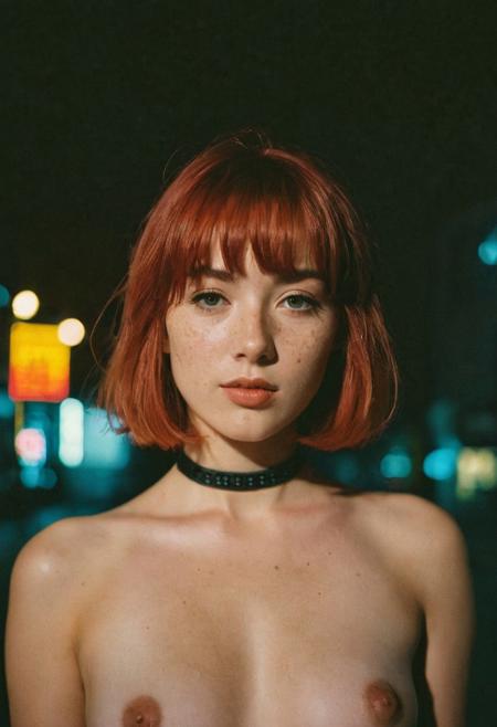 Kodak Ektachrome film, 120mm f/1.2, Marcell Rév style, solo, teardrop breasts, short-medium length hair, small breasts, night time photo shoot, (petite:1.2), straight bangs, freckles, choker, exposed breasts, 20 year old female, realistic, neo future city alley, (adorable face:1.3), red hair highlights, analog vintage style film photo, warm photo, film grain, nsfw, cute nipples,( full body:1.3)
