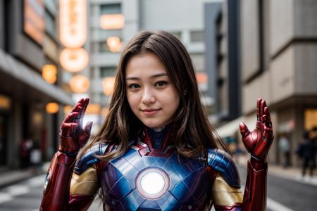 marvel movies,photo of a 18 year old girl,ironman,clapping hands,happy,outdoor,windy,on the street,tokyo,ray tracing,detail shadow,shot on Fujifilm X-T4,85mm f1.2,sharp focus,depth of field,blurry background,bokeh,lens flare,motion blur,<lora:add_detail:1>,