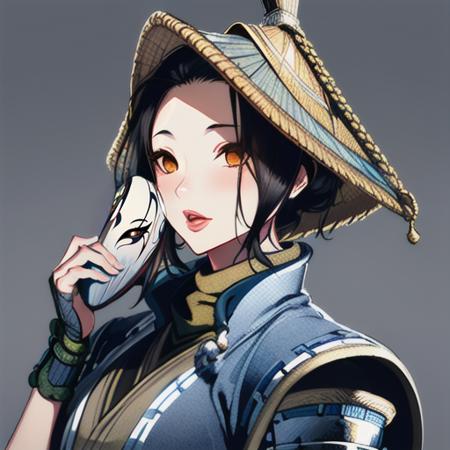 fhnobu 1girl, naginata, amigasa hat, noh mask, japanese armor, black hair, pants, boots
