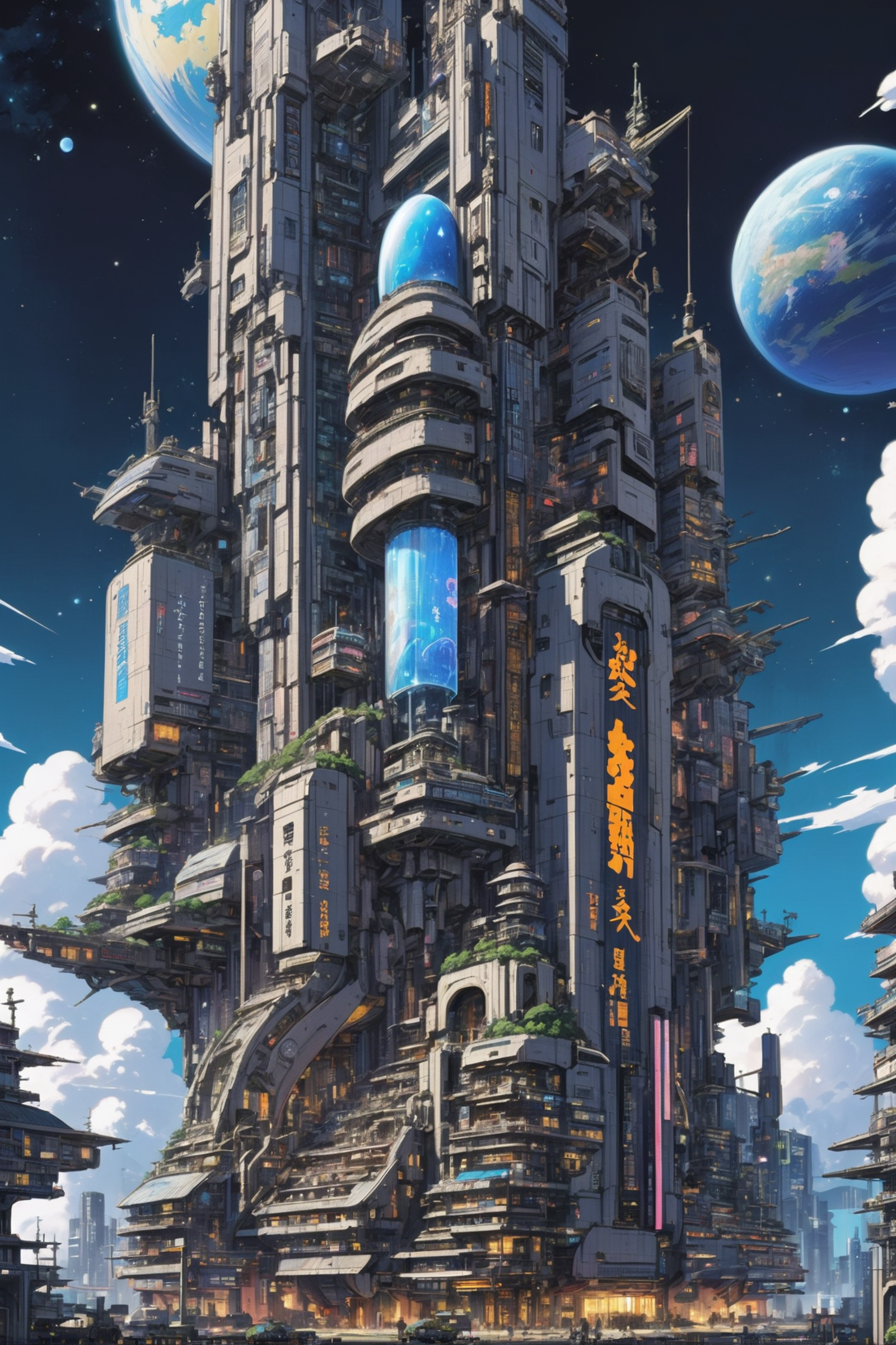 A futuristic sky city with a blue planet in the background.