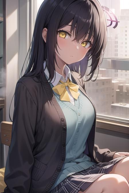 bluearchivekarin, <lyco:karin-lyco-nochekaiser:1>, 
karin, ahoge, black hair, dark skin, dark-skinned female, halo, long hair, (yellow eyes:1.5),
BREAK cardigan, neck ribbon, pleated skirt, ribbon, school uniform, skirt, blue cardigan, 
BREAK looking at viewer, 
BREAK indoors, classroom,
BREAK <lyco:GoodHands-beta2:1>, (masterpiece:1.2), best quality, high resolution, unity 8k wallpaper, (illustration:0.8), (beautiful detailed eyes:1.6), extremely detailed face, perfect lighting, extremely detailed CG, (perfect hands, perfect anatomy),