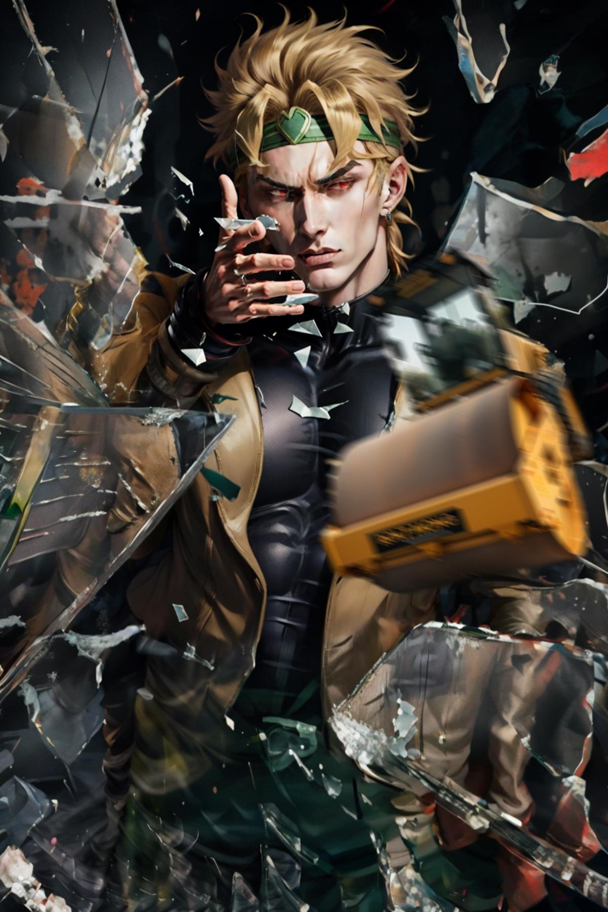 The image features a man dressed in a black shirt and jacket, holding a yellow briefcase in his hand, standing in front of shattered glass. He appears to be making a tough face and pointing his finger, possibly indicating a serious or intense situation. The man's outfit and the presence of the briefcase suggest that he might be a character from a comic book or a movie. The shattered glass behind him adds an element of danger or action to the scene.