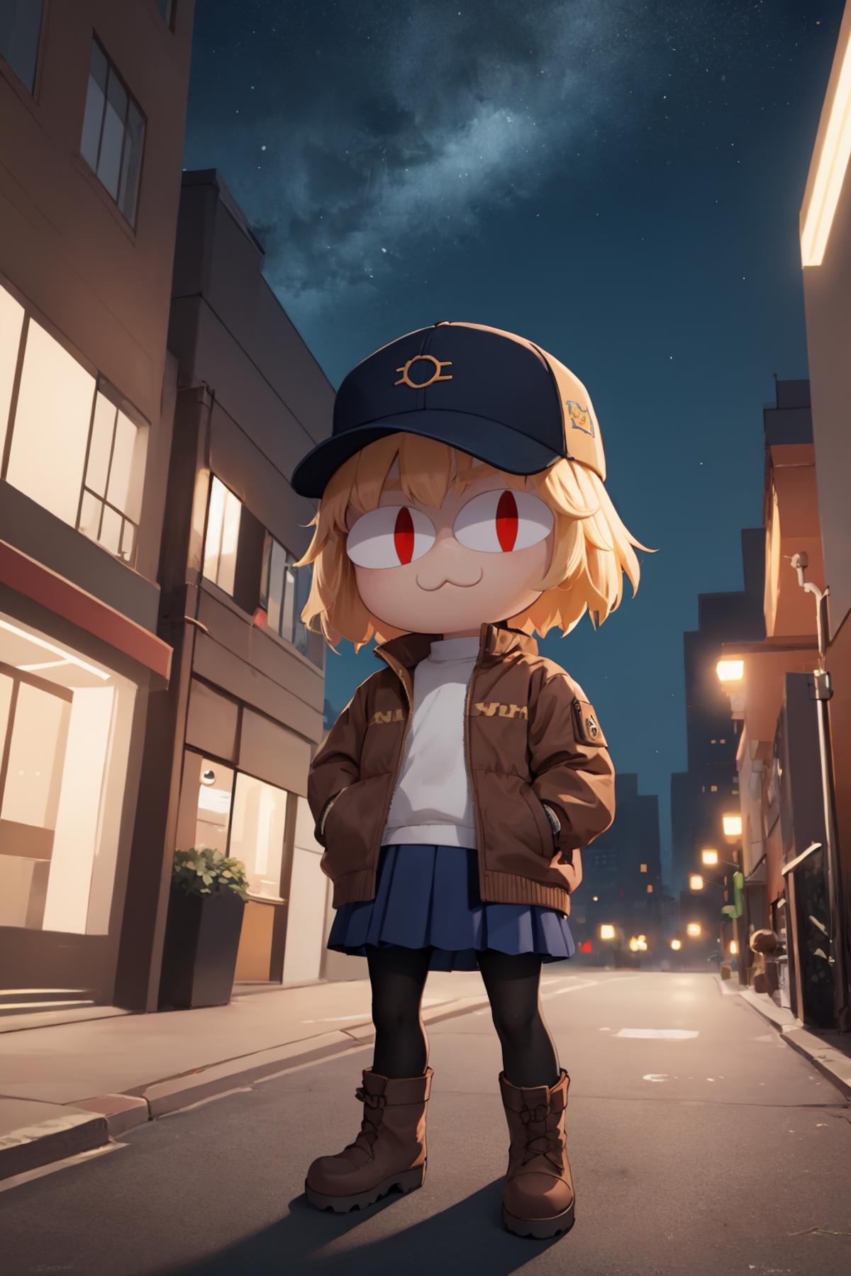 Anime character in a brown jacket and hat, standing on a street at night.