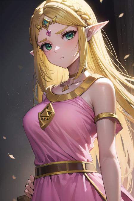 princess zelda, blonde hair, (green eyes:1.5), pointy ears, hair ornament, hairclip, parted bangs, short hair, crown braid, princess zelda, blonde hair, (green eyes:1.5), pointy ears, long hair, parted bangs, braid, capelet,  long sleeves, dress, blue dress, pants, black pants, bead necklace, beads, belt, bracer, cape, circlet, collarbone, dress, earrings, jewelry, necklace, triforce, triforce earrings, v-shaped eyebrows, white cape, (pink dress:1.5),