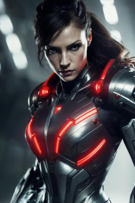 fmk , ((best quality)), ((masterpiece)), (detailed), Midjourney Style, close-up, woman, robot, red eyes, concept art, inspired by Marek Okon, digital art, Crysis Nanosuit, futuristic, (glowing elements:1.1), 4:3 aspect ratio, dynamic duo,  <lyco:FamkeJanssen-RealVision-V1.0:1.0>