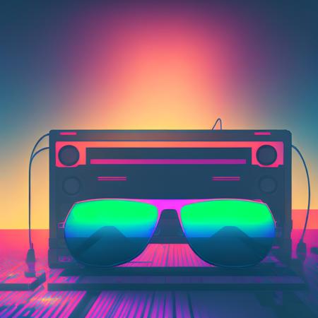 table with (cassette tape:1.3) with (sunglasses:1.3) on it, (dark colors:1.2), snthwve style wallpaper