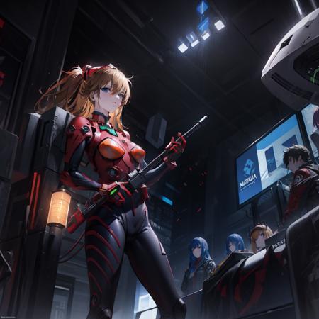 asuka, 1girl,andromeda,cyberpunk exoskeleton, battle,cyberpunk facegear,holding weapon, <lora:asuka_nai_v2-000012:0.8:OUTALL>