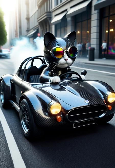 (made of Carbon Fiber:1.3), full body shot, from side, closeup cute small Carbon Fiber classic sports car, cat driving on, wear round goggles, wear animal ears helmet, run through on city street, tire smoke, Taste the Rainbow, cinematic, cinematic lighting, (masterpiece, best quality:1.4), ultra-high res, 4k, Photorealistic, insanely detailed, sfw,