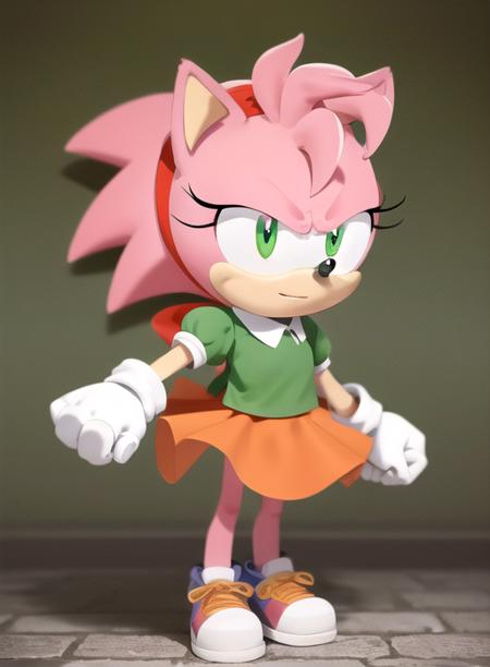 best quality, (masterpiece),(ultra-detailed), (high quality), (high resolution), <lora:AmyRoseC-10:0.7>,Classic Amy, sonic \(series\), 1girl, solo,  short hair, bangs, skirt,  shirt, gloves, animal ears, closed mouth, green eyes, standing, full body, pink hair, short sleeves, hairband, shoes, socks, puffy sleeves, collared shirt, white gloves, flat chest, puffy short sleeves, furry, green shirt, furry female, red hairband, body fur, orange skirt, animal nose, two-tone fur, pink fur