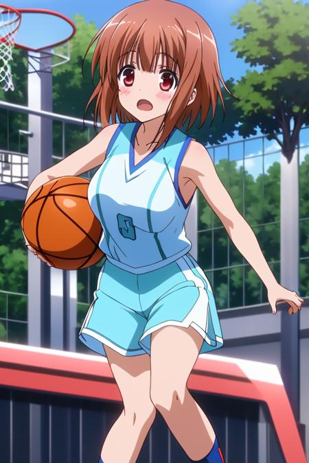 masterpiece, best quality, absurdres, ultra-detailed, outdoors, <lyco:ro_kyu_bu_v6-000080:0.6>, kashii airi, 1girl, solo, blush, short hair, open mouth, large breasts, basketball uniform, short shorts,