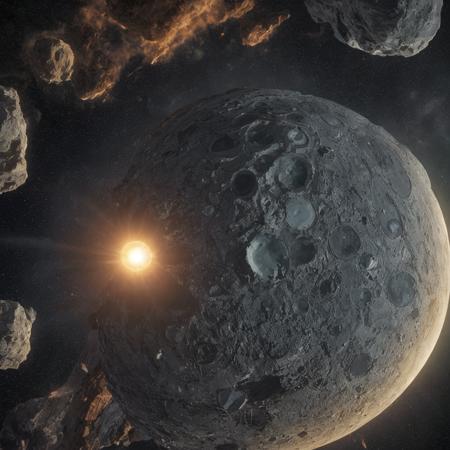 debris from ((detailed)) spaceship, floating alone in space, detailed setting, Bioluminescent sun, errie, dark, hdr, uhd, 4k