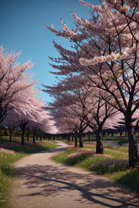 Cherry blossom forest, a path covered by cherry blossoms leading to the distance, pink color, HD photography, ultra-high resolution, high details, pink color scheme, rendered in the style of Unreal Engine, Fantasy Engine, Octane rendering, natural lighting, bright, distant view, depth of field.