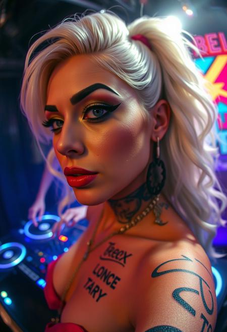 fisheye lenses lgbtq+ transgender dragqueen at a nasty tech house party, white trash,complex thai text tattooes on skin, an infamous dj in the background using a dj conssolle