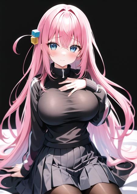 <lora:gotou:0.8>, gotou_hitori, 1girl, solo, long hair, breasts, looking at viewer, blush, bangs, blue eyes, skirt, large breasts, simple background, hair ornament, long sleeves, hair between eyes, sitting, closed mouth, jacket, pink hair, pantyhose, pleated skirt, black skirt, black pantyhose, one side up, hand on own chest, black background, grey skirt, track jacket, pink jacket, cube hair ornament