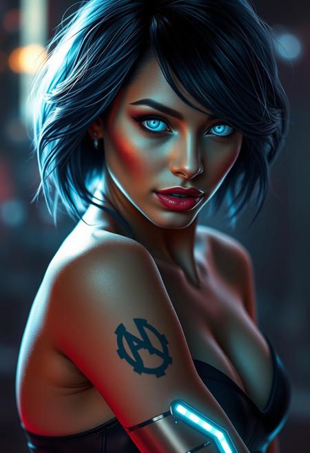 Prompt: A seductive, alluring 30-year-old cyberpunk seductress, her eyes captivating with a mesmerizing glow, enhanced by advanced ocular implants. Her hair, a cascade of bioluminescent strands, frames her face, styled in a futuristic, asymmetrical bob. Her skin, flawless and radiant, is adorned with subtle bioluminescent tattoos, accentuating her curves. A cybernetic arm, sleek and elegant, is a testament to both her power and beauty. Clad in a skin-tight, body-hugging suit, she exudes an air of confidence and danger, a true femme fatale of the future.