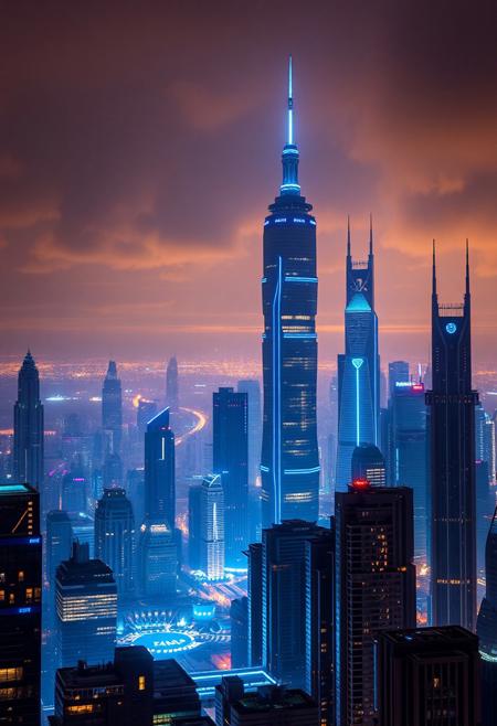 The skyline of a futuristic city, towering buildings surrounded by blue lights,